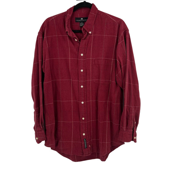 Vintage Shacket Flannel Red Tan Plaid Button Down Cozy Long Sleeve Men's Large T - Picture 1 of 7